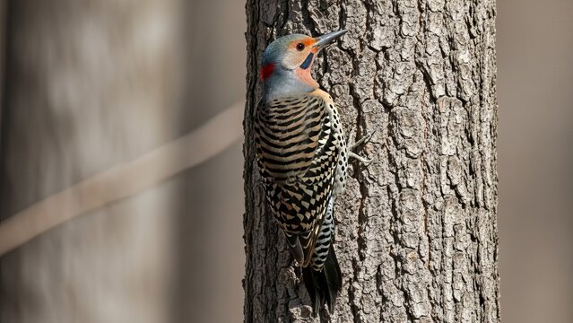 Northern flicker woodpecker perched on tree trunk in forest habitat