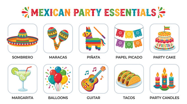 Sombrero Maracas Pinata Papel Picado and Tacos for Mexican Party Essentials