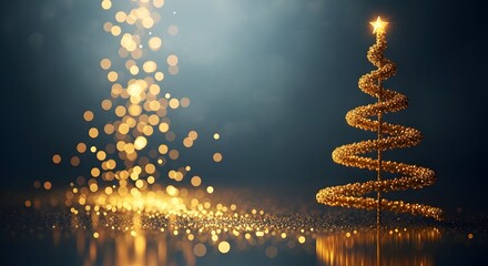 Obraz premium Golden spiral christmas tree with star and bokeh lights