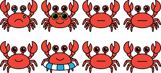 Colorful cartoon crab character sticker set featuring various red and blue crabs with different funny facial expressions. © MdMojnu