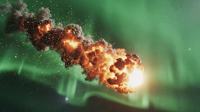 Asteroid meteor burning in space highlighting geometric patterns and contemporary art