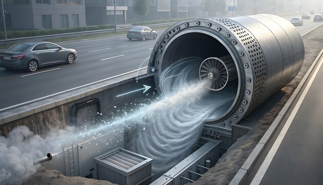 Air pollution particles cluster positioned near filtration surface illustrating urban air quality risk