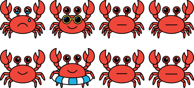 Colorful cartoon crab character sticker set featuring various red and blue crabs with different funny facial expressions.
