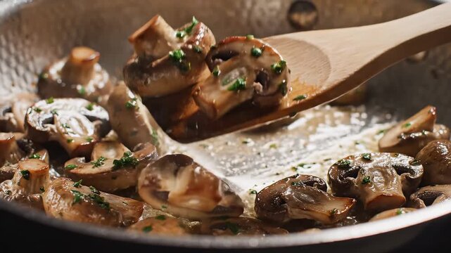 Mushrooms being sauteed in a pan perfect for cooking tutorials and recipe showcases