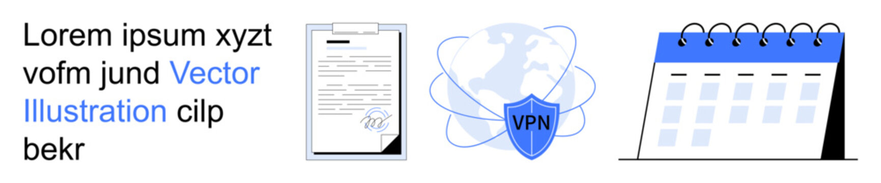 Data privacy, business operations, online security, scheduling, task management, secure communication. Business document, VPN shield and calendar icon. Data privacy and business operations theme