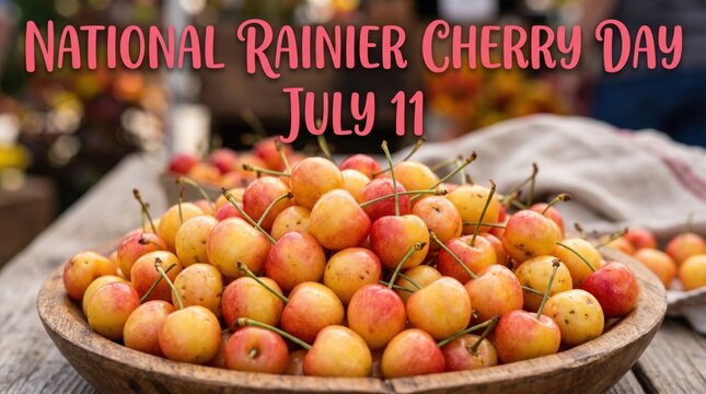 fresh rainer cherries in wooden bowl for national cherry day celebration