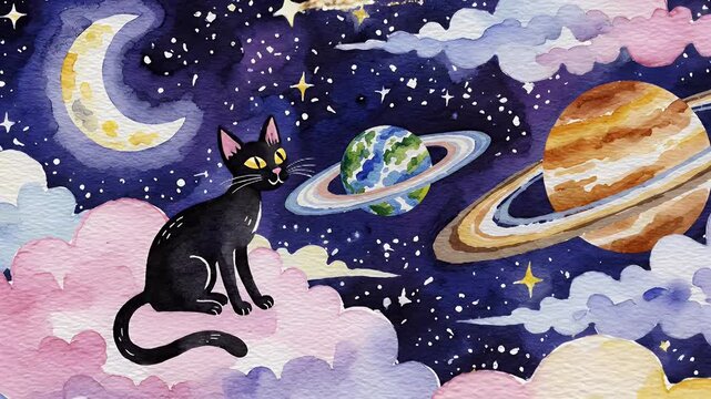 A Whimsical Black Cat Sits on Fluffy Pink Clouds Under a Starry Dreamlike Cosmic Scene