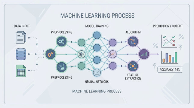 Machine learning process, neural network diagram, AI workflow, data analysis vector illustration