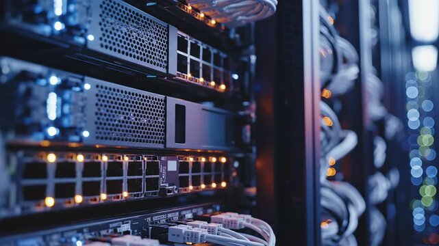 Server rack with network equipment highlighting artificial intelligence and digital evolution