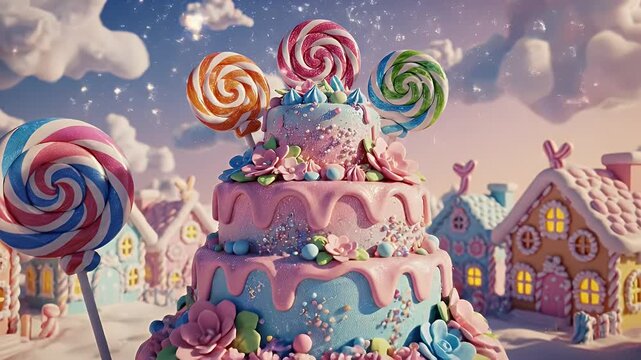 A Whimsical Candy Village in a Snowy Winter Wonderland With Lollipops