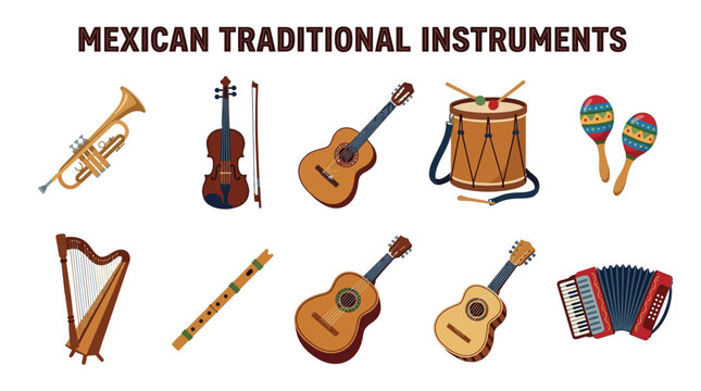 Mexican Traditional Instruments with Guitar Drum Violin Trumpet Harp Maracas and Accordion