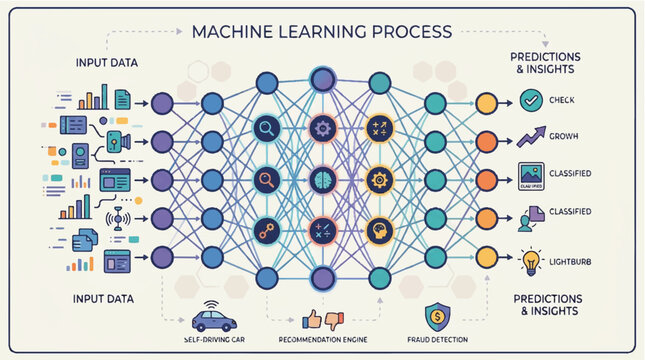 Machine learning process, neural network diagram, AI workflow, data analysis, predictive modeling