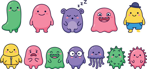 Colorful cartoon monster sticker set featuring cute alien blob jellyfish and various funny little creature characters. © MdMojnu