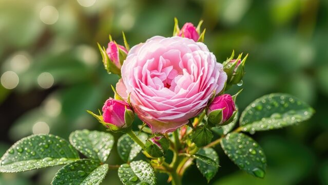 close-up pink cabbage rose bloom in soft natural garden lighting