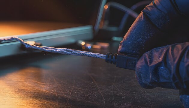 Macro Developer Hand Pulling Straight Cable Illustrating Technical Resistance Concept
