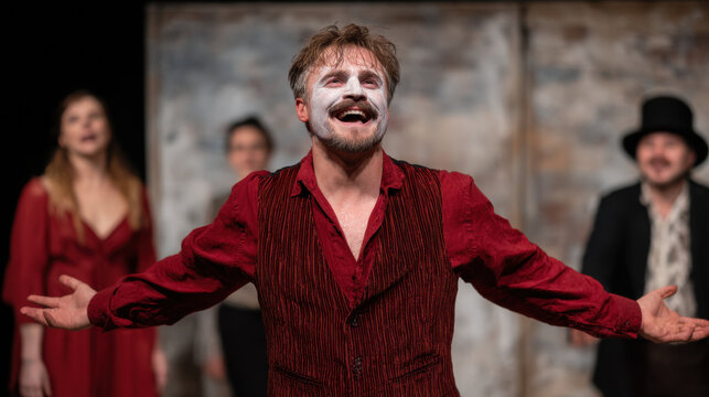 dynamic theater performance scene featuring passionate actor embodying powerful character
