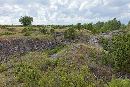 Scenic coastal cliff landscape at &Uuml;&uuml;gu Bluff (&Uuml;&uuml;gu pank) on the island of Muhu in cloudy summer weather, Estonia, Europe.