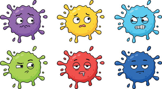 Colorful cartoon paint splash characters with different facial expressions and funny monster liquid blob sticker set.