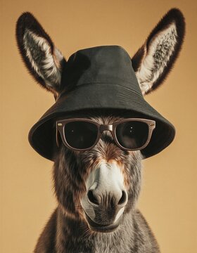 A donkey wearing a bucket hat and sunglasses.