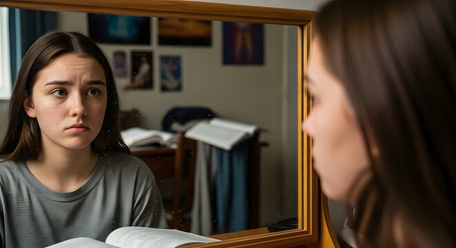 A sad teenage girl looking at her reflection in a mirror, feeling deeply insecure about her skin and appearance, dramatic moody lighting.
