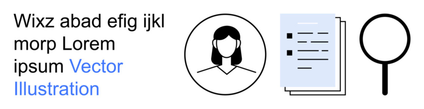 Identity verification, document review, data analysis, personal profile, authentication process, information scrutiny. Female profile, documents magnifying glass. Identity verification and document