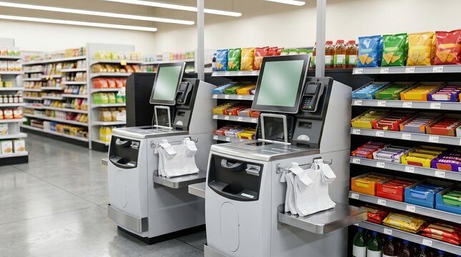 Modern self checkout kiosks in a bright supermarket aisle. Automated retail payment stations beside colorful snack shelves in a clean grocery store interior.