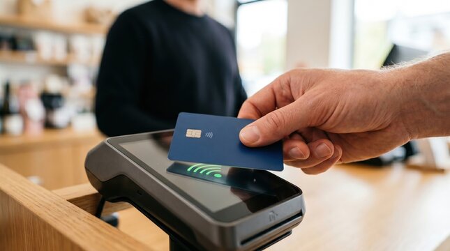 Close up hand holding contactless payment card over card terminal in modern cafe. Tap to pay transaction at checkout counter with wireless nfc payment reader and retail point of sale
