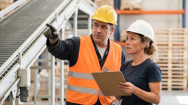 Professional factory worker pointing at conveyor line while female inspector checks clipboard in warehouse. Industrial quality control and logistics coordination in manufacturing facility with safety