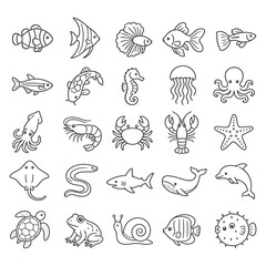 Obraz premium Collection of cartoon sea creatures: fish, shark, jellyfish, octopus, turtle.