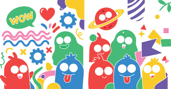 Colorful retro cartoon sticker set featuring cute monster characters planet hearts and vibrant abstract geometric design elements.