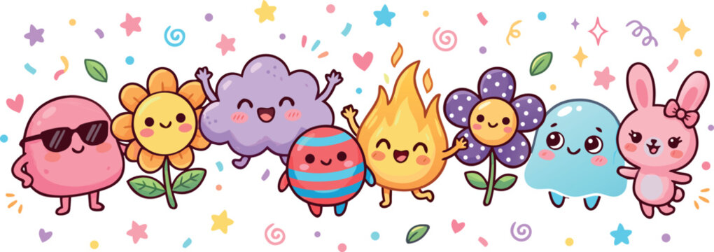 Colorful retro cartoon sticker set featuring cute sun fire cloud flowers and bunny characters with happy faces.