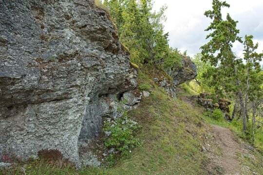 Scenic coastal cliff landscape at &Uuml;&uuml;gu Bluff (&Uuml;&uuml;gu pank) on the island of Muhu in cloudy summer weather, Estonia, Europe.