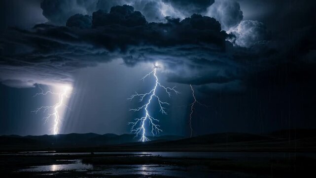 Powerful lightning storm over dark landscape with dramatic clouds and rain at night