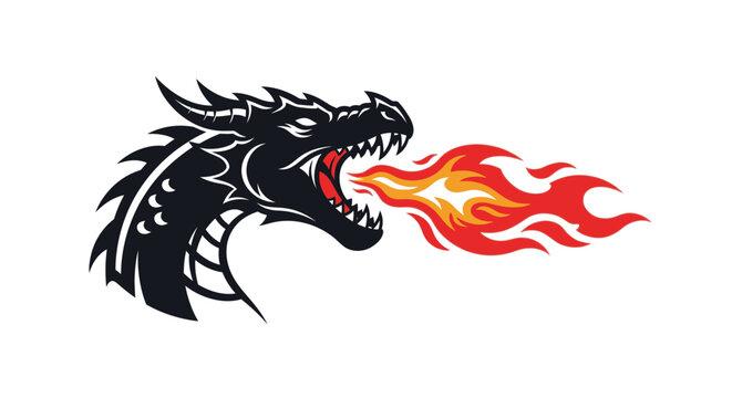 Black dragon head illustration with fire breath isolated on white background