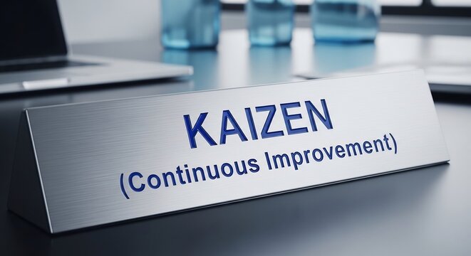 Kaizen metallic desk nameplate with continuous improvement text