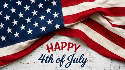 USA Flag Waving with Happy 4th of July Message on Rustic Wood