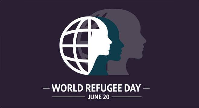 Silhouette of a refugee woman with a globe symbol on dark background representing World Refugee Day June 20