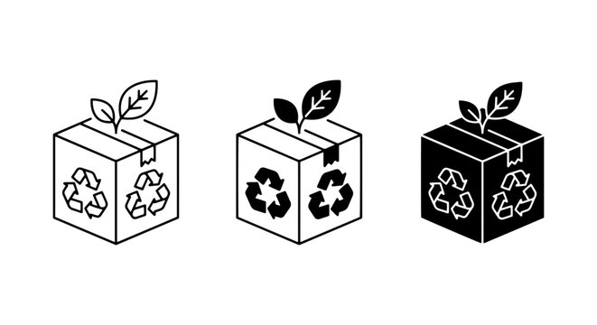 vector set of three recycling boxes with leaves on top and recycle symbols