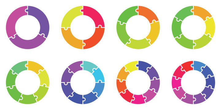 Colorful circular puzzle infographic set with 8 vector diagrams, multi-colored round jigsaw charts for business process visualization, segmented cycle diagrams for project management steps