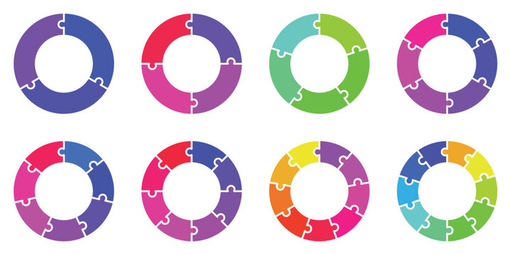 Colorful circular puzzle diagram set with 8 vector icons, multi-step round infographic charts for business process visualization, interlocking jigsaw ring elements for data presentation isolated