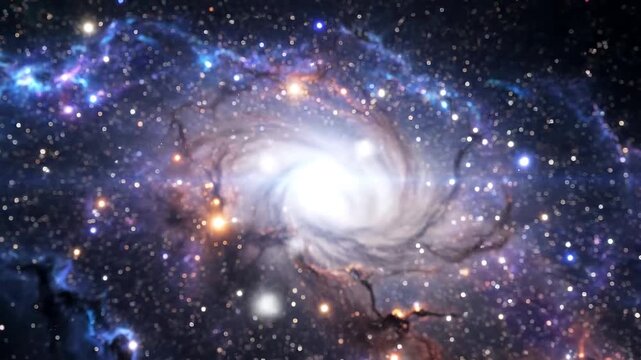 A vibrant, swirling galaxy with shades of blue, purple, and orange radiates from a bright white center