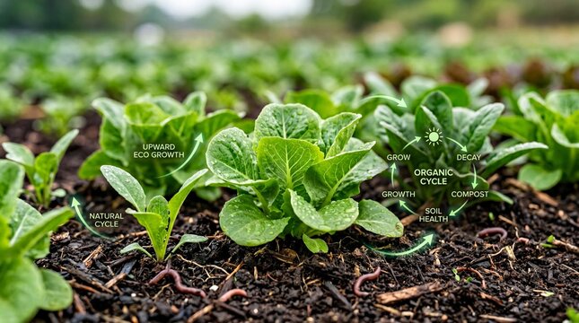 Young green lettuce plants growing in a field with dark soil and blurred background