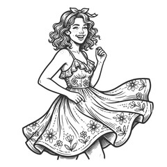 Fototapeta premium cheerful young woman dancing in a flowing floral dress with curly hair and a bow sketch engraving generative ai fictional character raster illustration. Scratch board imitation. Black and white image.