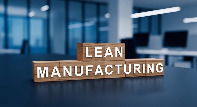 Lean manufacturing text with wooden blocks in modern office