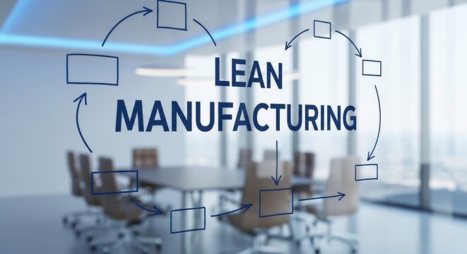 Lean manufacturing flow diagram on glass wall in conference room