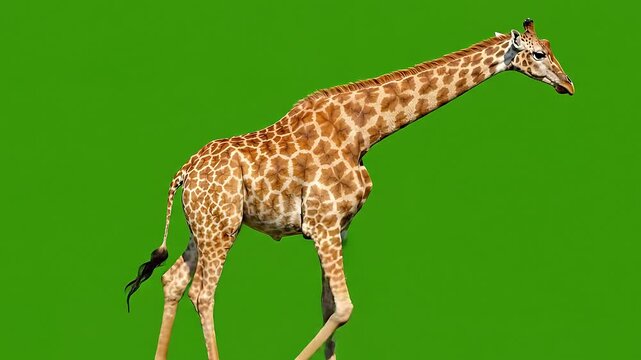 Giraffe walking full body isolated on green screen side view