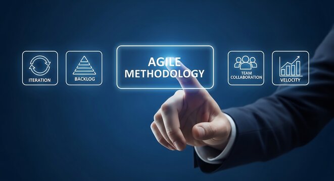Agile methodology interface with planning, backlog, sprint, evaluation icons