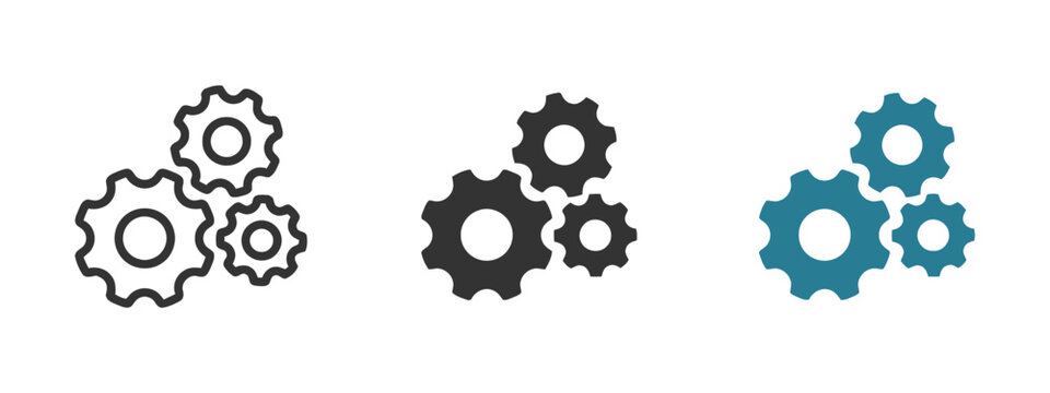Group of three gears meshing together, symbolizing teamwork and mechanics.