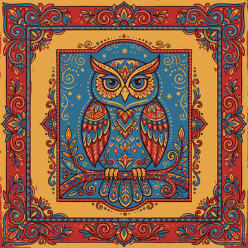 Bohemian owl illustration with intricate floral patterns, mystical bird art in vintage folk style, colorful ethnic owl vector graphic