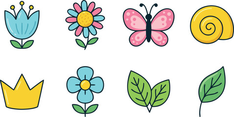 Colorful spring garden sticker set featuring cute flowers butterfly snail shell leaves and golden crown icons. © MdMojnu